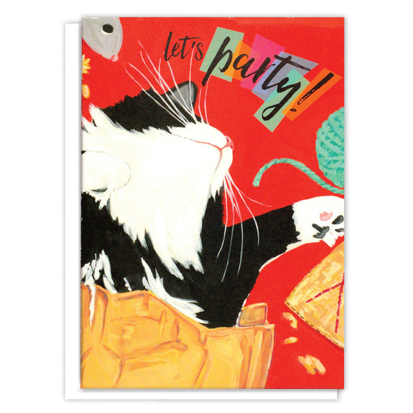 Tuxedo Cat Birthday Card - “Let’s Party!” Greeting Card