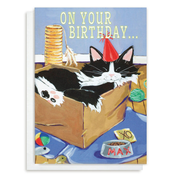 Tuxedo Cat Birthday Card - Funny Cat In Box Greeting Card