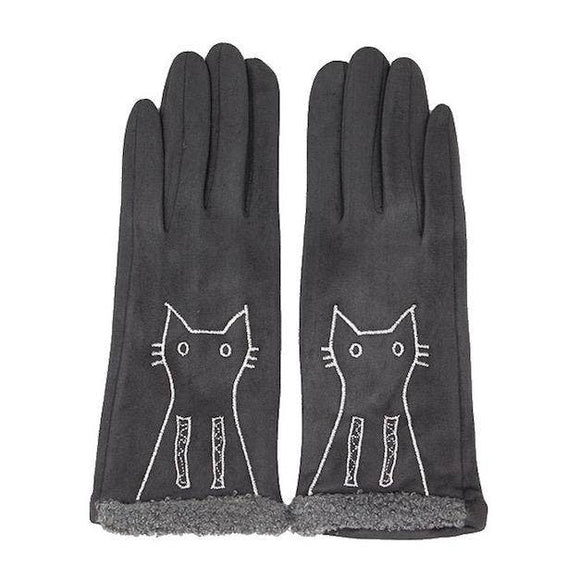 Grey- Faux Suede Embroidery Cat Detail Solid Smart Touch Gloves