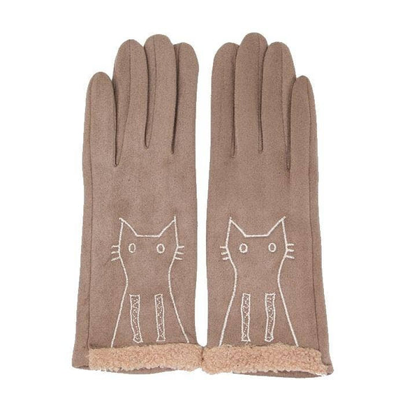 Beige- Faux Suede Embroidery Cat Detail Solid Smart Touch Gloves