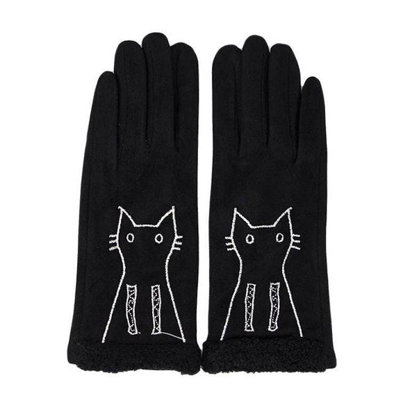 Black- Faux Suede Embroidery Cat Detail Solid Smart Touch Gloves