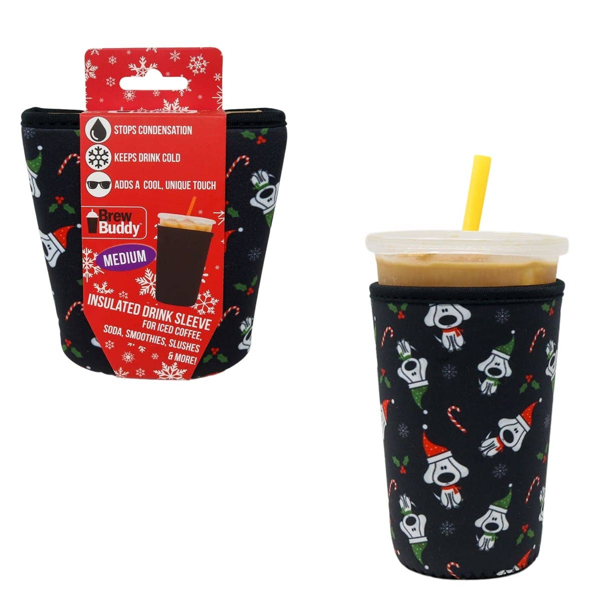Brew Buddy Medium Iced Coffee Sleeve - Christmas K9